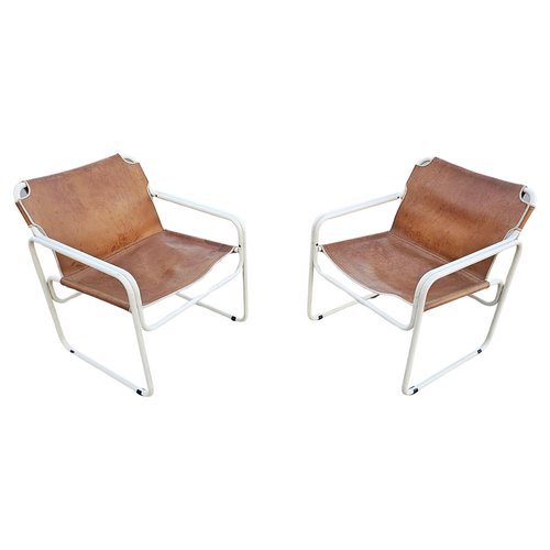 Set of Bauhaus Style Tubular Easy Chairs in Cognac Leather