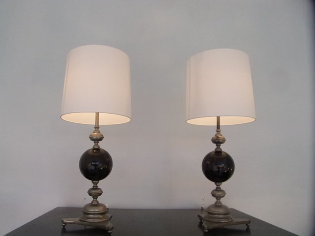 Mid-Century Silver Brass and Black Table Lamps from Maison Jansen