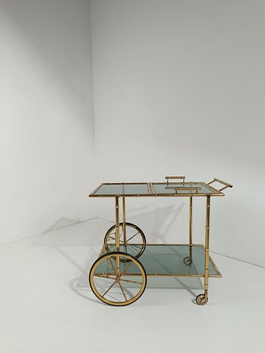 Chariot De Bar Avec Plateau En Laiton Massif Et Verre Vert, Design Italien Du Milieu Du Siècle Dernier De Cesare Lacca