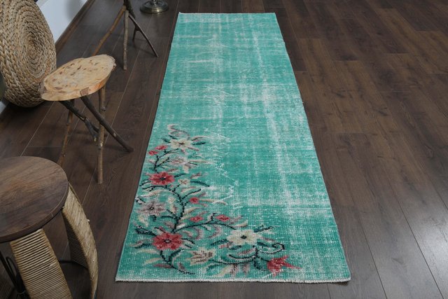 Vintage Turkish Teal Faded Floral Wool Rug, 1960s for sale at Pamono