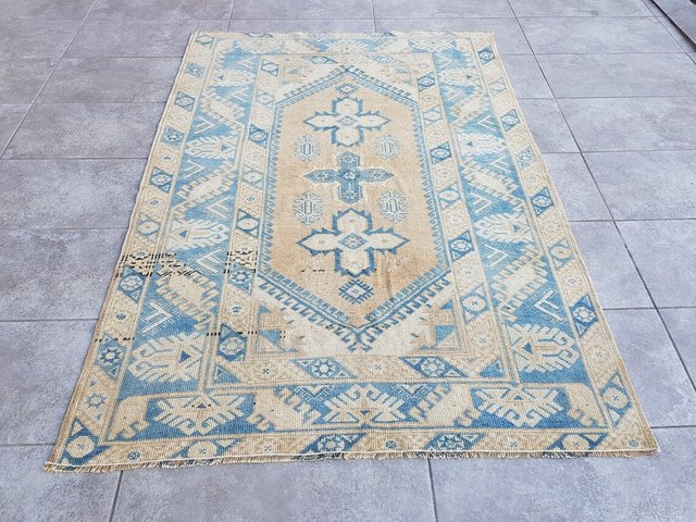Turkish Nomadic Faded Blue Wool Rug, 1960s for sale at Pamono