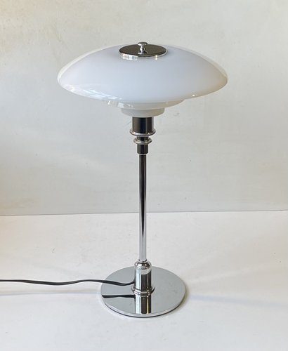 Vintage PH 3/2 Table Lamp in Chrome and Opaline Glass by Poul