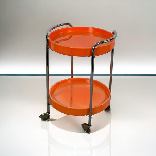 Chariot D'hôtesse Pliant Vintage - Chrome Et Contreplaqué - Milieu Du Siècle - 2 étagères
