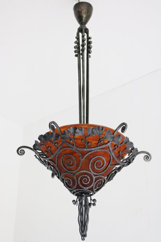 ANCIEN LUSTRE ART Deco En Verre Moulé Et Pressé Signé NEGRA Monture Fer