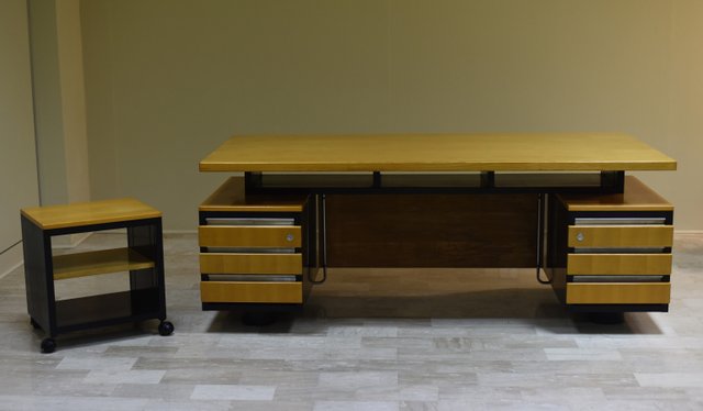 Large Desk in Wood and Metal with Side Drawers, 1970s, Set of 2