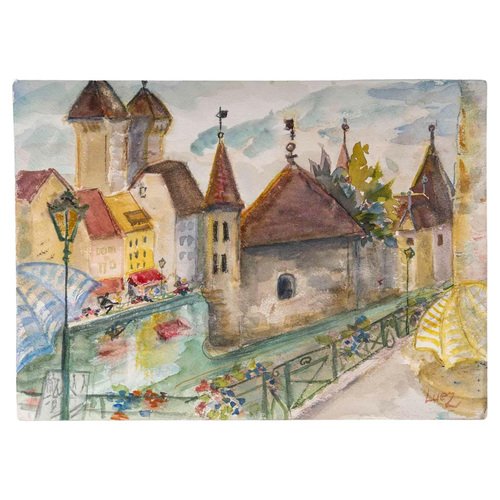 Evelyne Luez, Village, 1980s-1990s, Watercolour on Paper for sale at Pamono