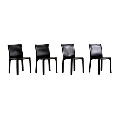 Black Leather Cab 412 Chairs attributed to Mario Bellini for