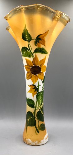 Large Antique Art Nouveau Glass Vase Hand Painted with Sunflowers