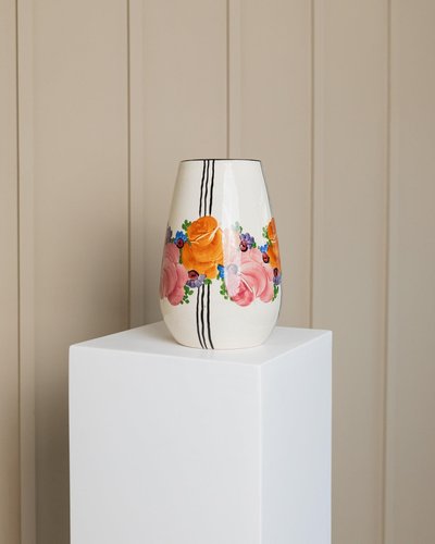 Mid-Century Ceramic Vase with Flowers and Stripes Motif Mid-Century Ceramic Vase with Flowers and Stripes Motif
