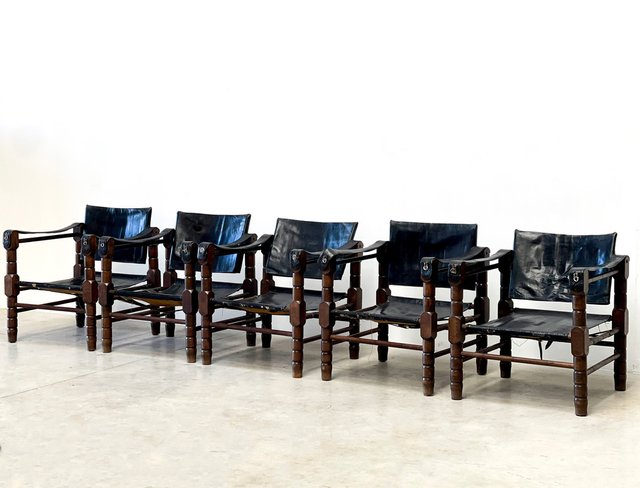 Mid-Century Leather Safari Armchairs, 1960s, Set of 5 for sale at Pamono