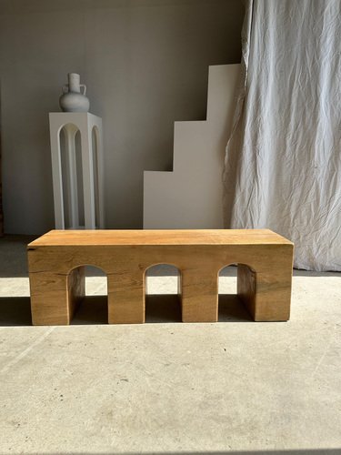 Natural Wood Color Bench in Solid Monoxyl Wood with Carved 3 Arch Base ...
