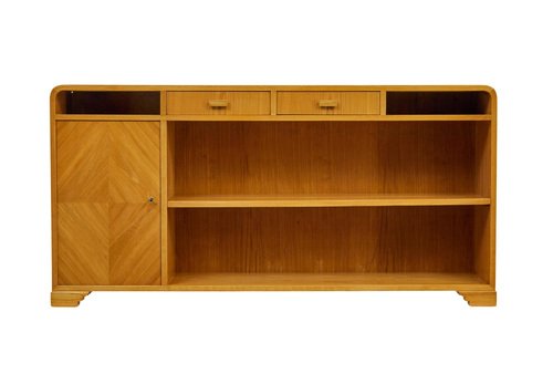 Mid Century Scandinavian Elm Low Open Bookcase Sideboard 1950s