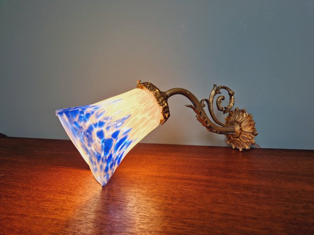Applique En Verre Jaune Moucheté Avec Liseré Doré - Pour Lampe Ou Lustre, Vintage