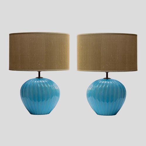 Sky Blue Ribbed Barovier Murano Glass Table Lamps, 1960s Sky Blue Ribbed Barovier Murano Glass Table Lamps, 1960s