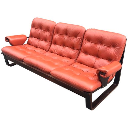 Scandinavian Laminated Wood And Orange Leather Sofa 1960s