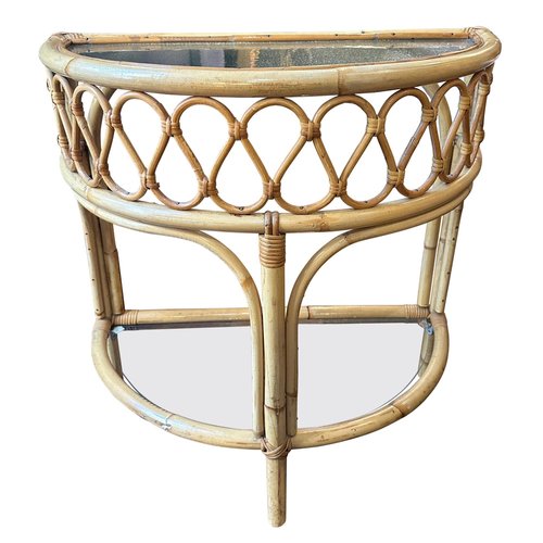 Bar Demi-lune En Bois Et Rotin Blanc - Étagère Intérieure, Excellent état