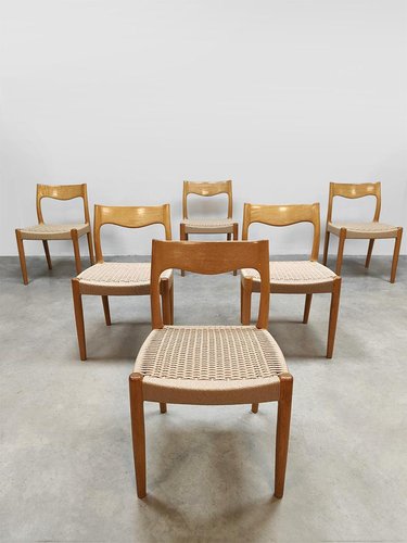 Vintage Danish Oak Paper Cord Wabi-Sabi Dining Chairs, 1960s