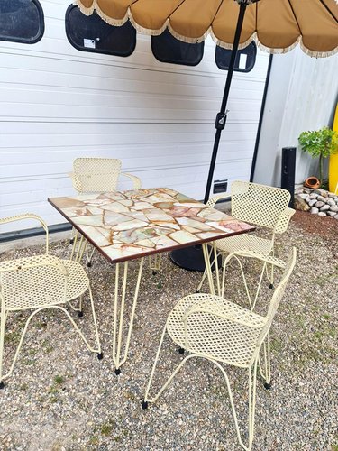 Vintage Metal Patio Outdoor Garden Set in Wire Mesh, 1960, Set of