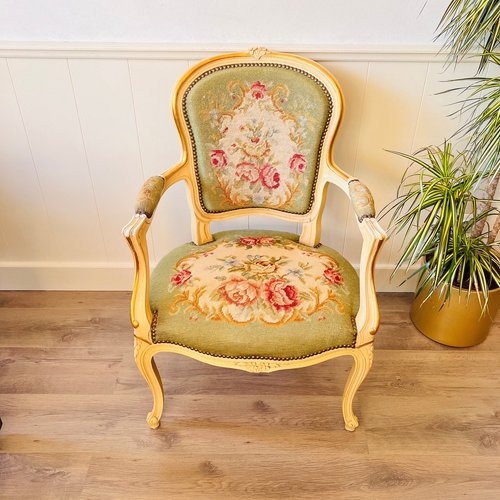 Antique Queen Anne Style Armchair with Rose Tapestry for sale at