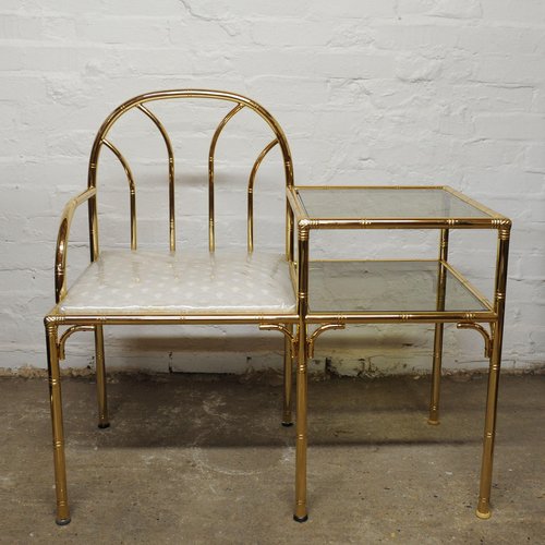 Fauteuil Téléphone Vintage – Bois Blanc Et Velours – Style Baroque – Reconditionné