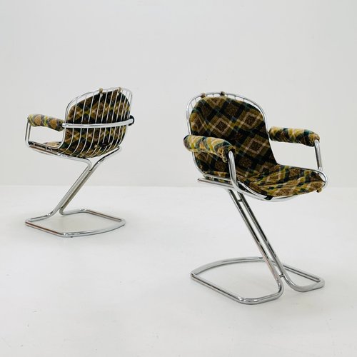 Chaise De Salle à Manger Vintage Space Age Gastone Rinaldi Rima - Chrome Et Cuir Bleu