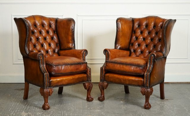 Chesterfield Wingback Chairs in Brown Leather 1920s Set of 2