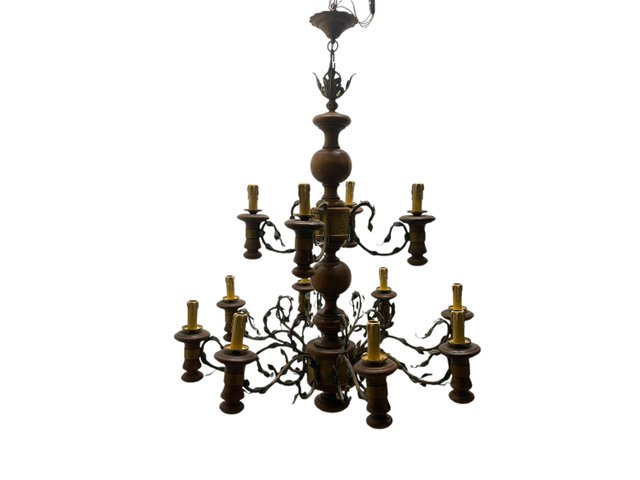 Lustre en verre et tôle patinée six bras de lumière XX siècle