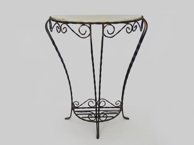 Console d'Entrée Vintage en Demi-Lune en Fer Forgé et Marbre Blanc