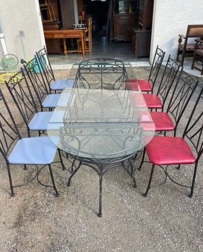 Glass and Iron Table with Pedestal Tables and Chairs, 2000s, Set