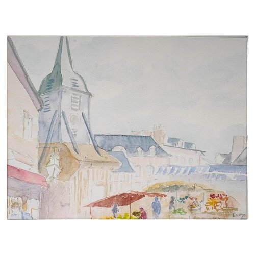 Evelyne Luez, Village Church and Market, 20th Century, Watercolor for ...