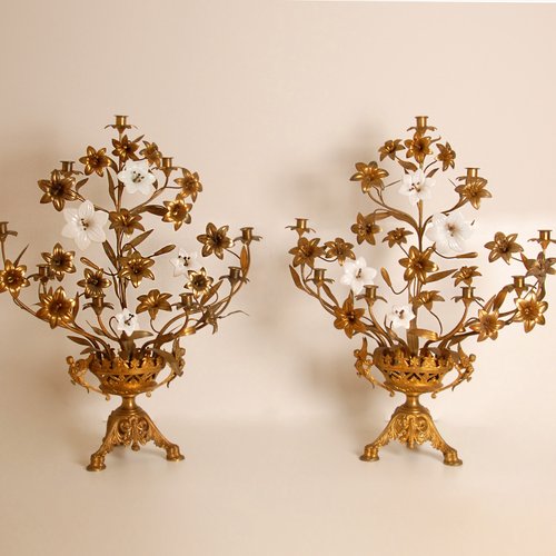 French Church Candelabra in Gold Bronze and Brass White Opaline
