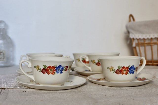 Earthenware Tea Cups and Saucers with Polychrome Floral