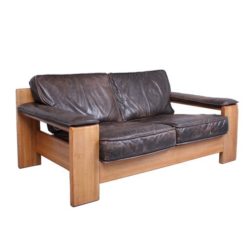 Brutalist Light Oak and Dark Leather Sofa by Harry de Groot for