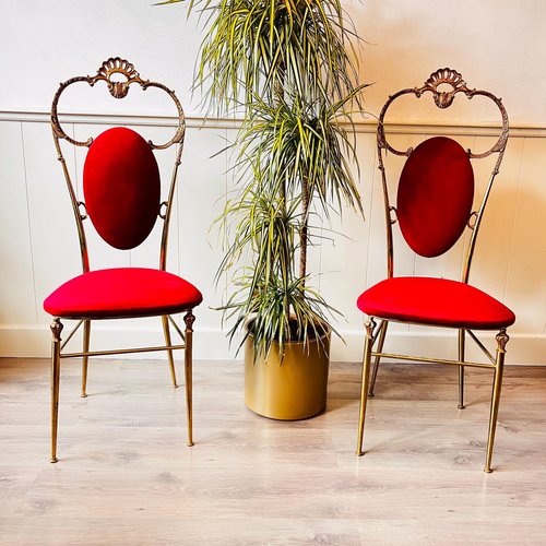Set of Hollywood Regency Style Brass Velvet Dining Chairs for