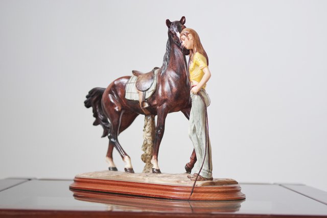 Italian Ceramic Sculpture of Horse and Woman on Wooden Base by A