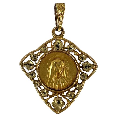 French Virgin Mary Ivy Leaf 18k Yellow Gold Medal Charm Pendant