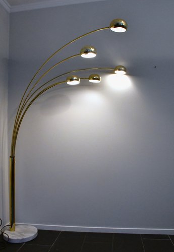 Vintage Swedish Five Arm Brass and Marble Base Floor Lamp, 1980s
