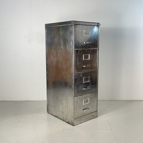 Polished Steel 4 Drawer Filing Cabinet with Working Lock and Key