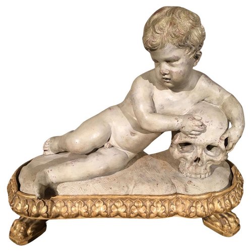 Memento Mori Child Skull Figure Sculpture, Faux White Marble, Late