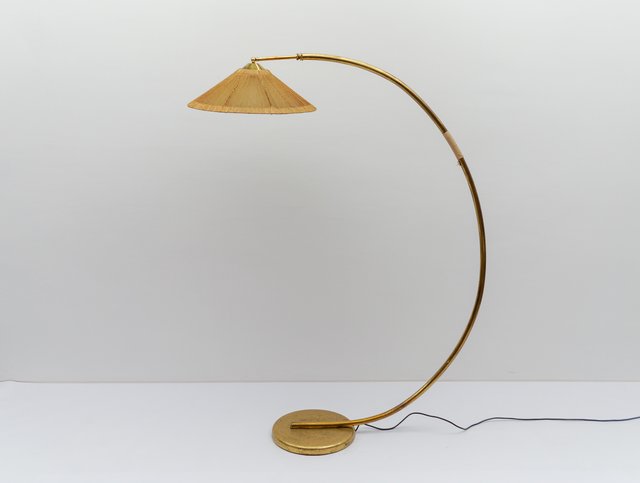 Mid-Century Modern Brass Rattan Arc Floor Lamp, Italy, 1950s for