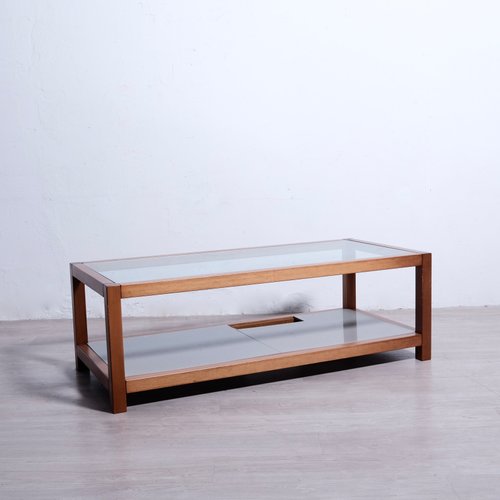 Low TV Stand Coffee Table in Cherry Wood and Glass, 1980s for sale