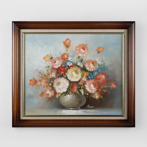 ベルギー画家Edmond Sanders エドモンドサンダース『バラの静物画』 Edmond Sanders, Vase with Flowers, 1950s, Oil on Canvas, Framed