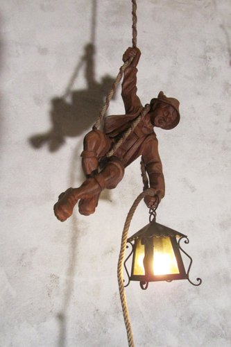 Vintage Carved Wooden Pendant Lamp Mountain Climber & Lantern in