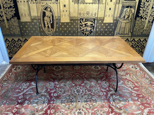 Iron Dining Table with Oak Parquet Top for sale at Pamono