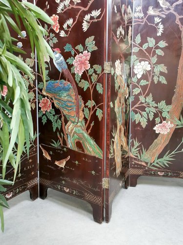 Vintage Asian Room Divider with Exotic Birds, 1960s for sale