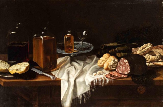 Unknown, Still Life with Salami, Bread, Biscuits and Glass Bottles