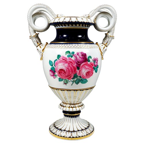 Meissen Snake Handle Vase with Flower Boquet Painting attributed