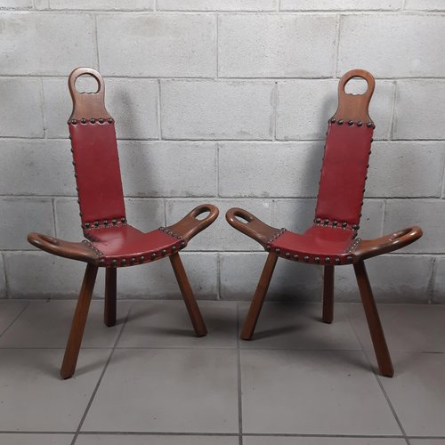 Set of Spanish Brutalist Chair in Wood & Red Leather, 1960s for