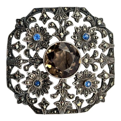 Broche Ancienne En Forme De Navette, Argent 925 Et Malachite - Laiton, Fermoir à Changer