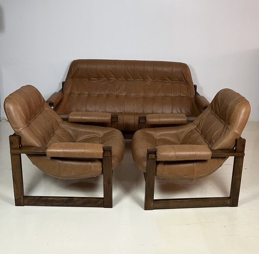 Fauteuil brutaliste Vintage 60's Dans Le Goût Percival Lafer En Bois Et Cuir - Ameublement
